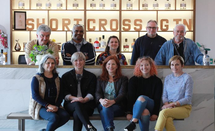 International journalists at Rademon Estate Distillery in Crossgar, with tour guide Maeve Davison (front, right).