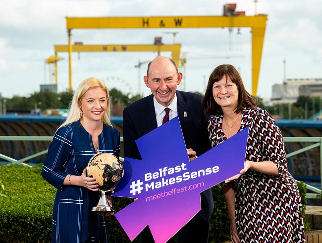 Aoife Fee (Tourism NI), Mark Walker (Hilton Hotel Belfast) & Carole McKellar, HelmsBriscoe EMEA VP Belfast Secures Prestigious Conference Business