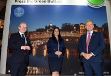 Niall Gibbons, Chief Executive of Tourism Ireland; Tourism Minister Catherine Martin; and Christopher Brooke, Vice-Chairman of Tourism Ireland, at World Travel Market in London.