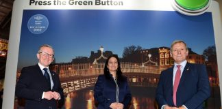 Niall Gibbons, Chief Executive of Tourism Ireland; Tourism Minister Catherine Martin; and Christopher Brooke, Vice-Chairman of Tourism Ireland, at World Travel Market in London.