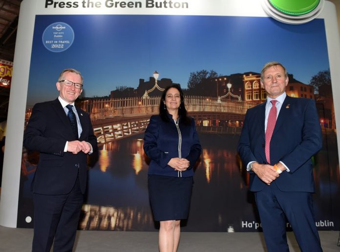 TOURISM-MINISTER-CATHERINE-MARTIN-LEADS-DRIVE-TO-RESTART-OVERSEAS-TOURISM-IN-2022,-AT-WORLD’S-LARGEST-TRAVEL-FAIR Niall Gibbons, Chief Executive of Tourism Ireland; Tourism Minister Catherine Martin; and Christopher Brooke, Vice-Chairman of Tourism Ireland, at World Travel Market in London.